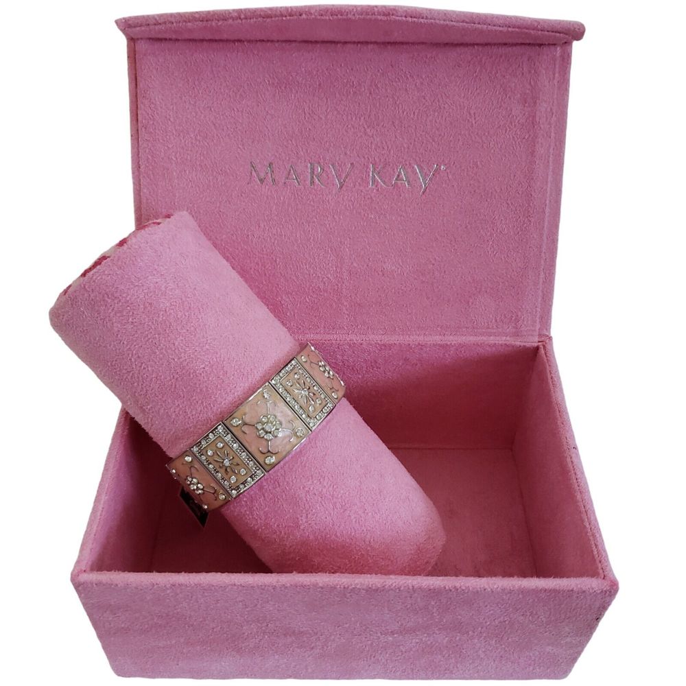 Mary Kay MK Pink Enamel CZ Crystal Rhinestone Stretch Bracelet Jewelry Box NWT